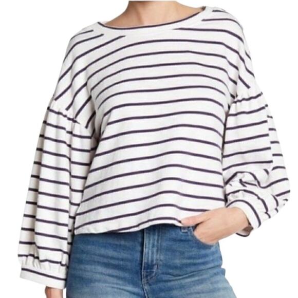 Ten Sixty Sherman White Black Striped Balloon Sleeve Wide Neck Cotton Top Size S - Picture 1 of 7